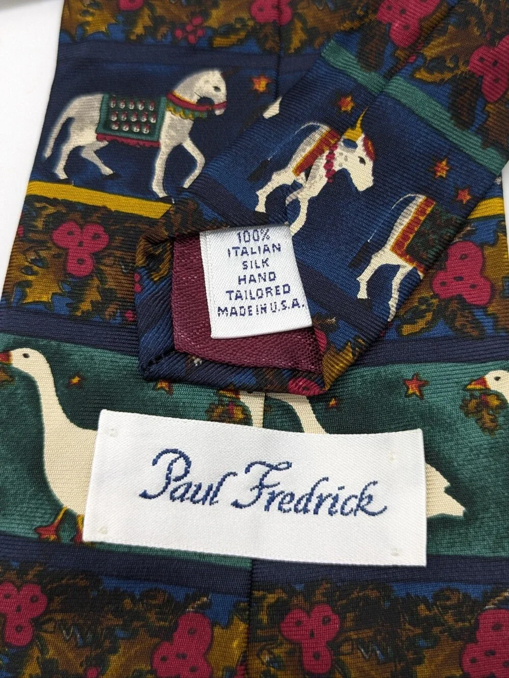 Paul Frederick Blue Green Red Goose Horse Whimsical Novelty Italian Silk Tie